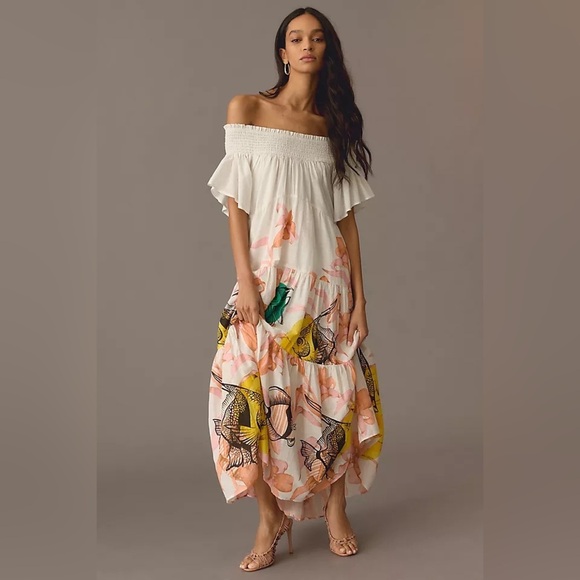 Anthropologie Maeve Pia Binazzi Tiered Off The Shoulder Dress in Novelty - SMALL - Picture 7 of 16
